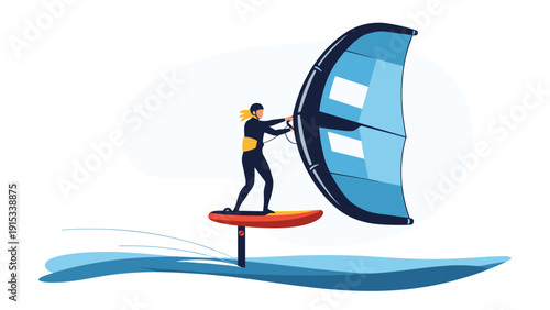 Dynamic illustration of a person practicing wing foiling on the ocean, showcasing a modern and exciting water sport activity for enthusiasts.
