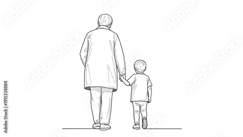 Touching line drawing of an elderly woman holding the hand of a small child as they walk together, symbolizing guidance and family bonds.