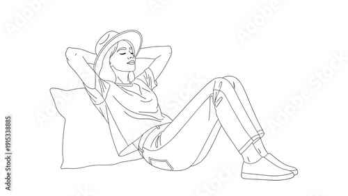 Simple line drawing of a woman wearing a sun hat lying back and relaxing on a soft cushion, conveying a sense of peace, rest, and tranquility.