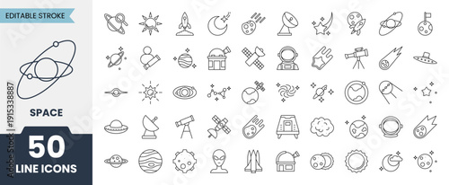 Space line icons set with editable stroke. Containing galaxy, satellite, UFO, solar system, science, universe and more. Vector illustration