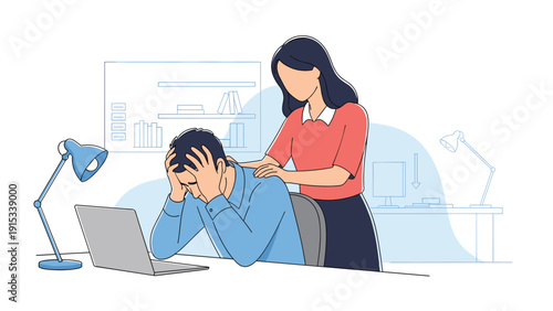 Supportive scene of a woman placing her hand on the back of a man who is sitting at a desk and holding his head in distress, showing empathy and care.