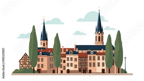 Detailed pixel art of an old European town center featuring historic timber-framed houses, a church with tall spires, and narrow streets for travel themes.