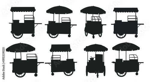 Diverse collection of street food cart silhouettes for commercial use