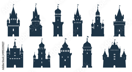 Diverse collection of fairytale castle silhouettes against a clean white background