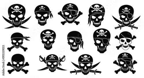 Diverse Collection of Silhouette Pirate Skull Icons with Crossbones and Swords