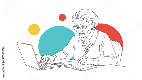 Detailed line drawing of an elderly woman focused on her work, using a laptop and writing in a notebook, symbolizing lifelong learning and productivity.