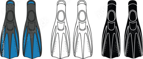 Flippers silhouette & Outline and illustration set isolated on transparent background