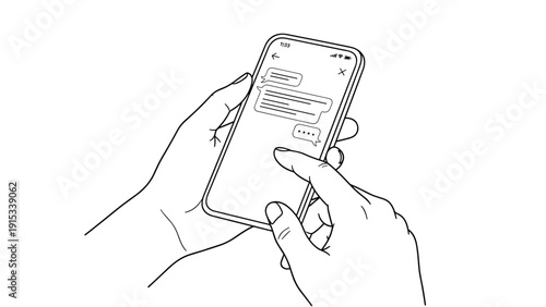 Minimalist black and white line illustration of hands holding a smartphone and typing a text message in a chat interface for digital themes.