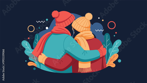 Loving couple in winter apparel shares a warm and supportive hug while surrounded by stylized leaves and abstract shapes in a cozy illustration.