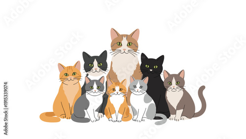 Diverse group of various cats and kittens with different fur colors and patterns sit together in a friendly cluster on a white background.