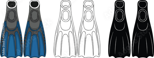 Flippers silhouette & Outline and illustration set isolated on transparent background