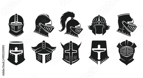 Diverse Collection of Stylized Knight Helmets for Emblems and Icons