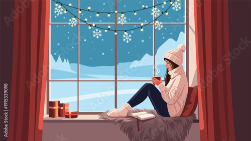 Young woman in a cozy white sweater sits on a windowsill drinking coffee and looking out at a serene snowy mountain landscape through glass.