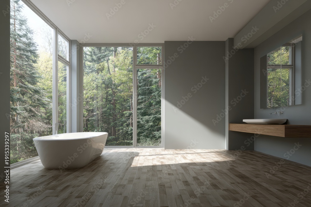 Fototapeta premium Modern bathroom interior features a freestanding tub next to expansive windows overlooking a dense forest