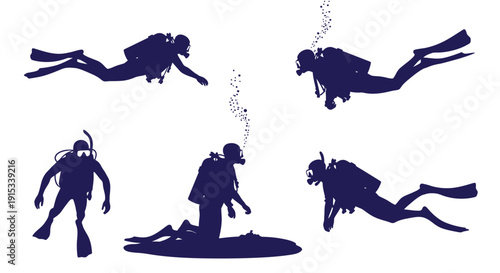 Diverse Scuba Diver Silhouettes Illustrating Underwater Exploration and Aquatic Activities