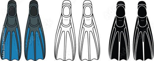 Flippers silhouette & Outline and illustration set isolated on transparent background