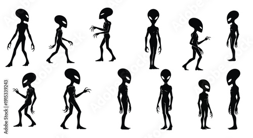 Diverse Silhouette Poses of Extraterrestrial Beings in Black and White