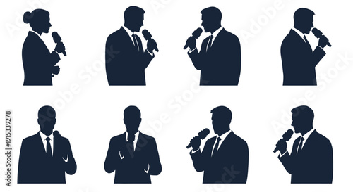 Diverse silhouetted figures delivering speeches or presentations with microphones in various poses