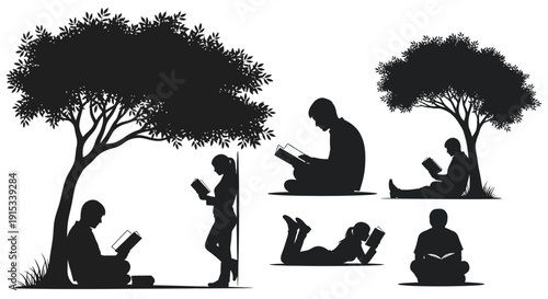 Diverse silhouettes engaged in reading beneath the shade of trees in a peaceful outdoor setting.