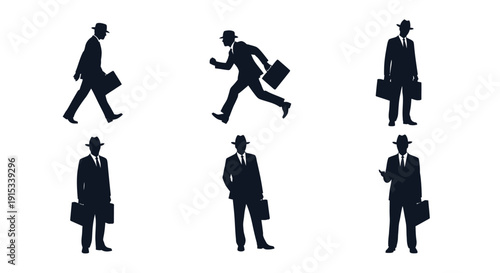 Diverse Silhouettes of a Gentleman in a Suit and Hat Carrying Briefcases
