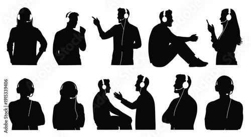 Diverse Silhouettes of Individuals Engaging in Communication with Headsets