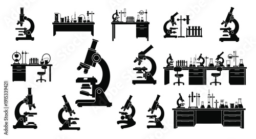 Diverse Silhouettes of Microscopes and Laboratory Equipment Showcasing Scientific Research and
