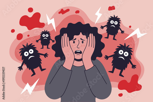 Overwhelmed Woman Confronting Anxiety Monsters and Inner Demons, Surreal Emotional Crisis Scene Representing Stress, Fear, and Mental Health Struggles