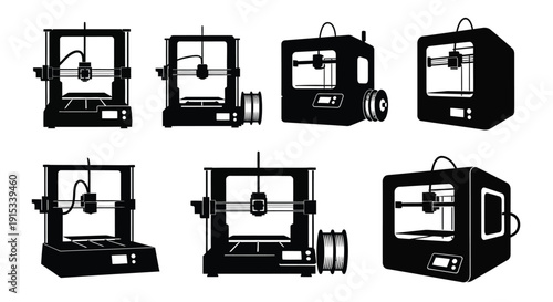 Diverse Silhouettes of Modern 3D Printers and Filament Spools on White Background
