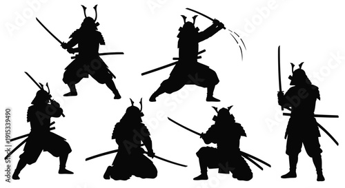 Diverse Silhouettes of Samurai Warriors in Dynamic Poses with Swords