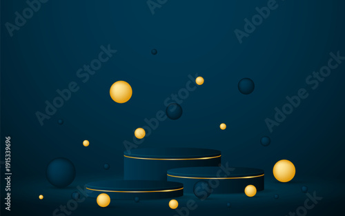 Multi-tiered Blue podium with elegant gold lines with blue and gold balls around it for displaying advertisements. Exhibit cosmetic products. Stage or podium. Vector illustration