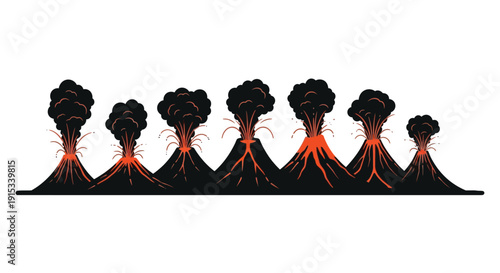 Graphic illustration of a row of erupting volcanoes emitting smoke and lava on a white background