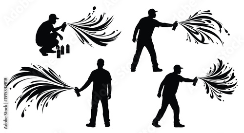 Graffiti artist silhouettes in action creating dynamic paint splatters and bursts of color