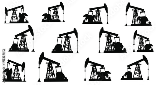 Graphic Pattern of Black Oil Pump Silhouettes on a White Background Industrial Scene