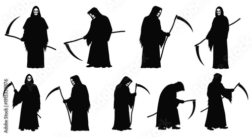 Grim Reaper Silhouette Collection Various Poses Iconic Figure with Scythe
