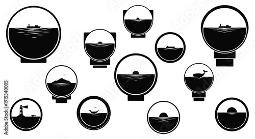 Maritime vignettes captured in circular and rectangular frames showcasing ocean scenes