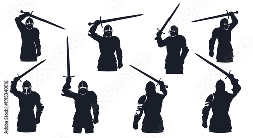 Medieval Knights in Combat Poses Silhouettes Collection Representing Historical Warfare and