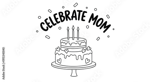 Vector illustration of a two-tiered birthday cake with candles and 'CELEBRATE MOM' text on transparent background