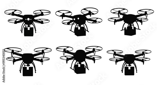 Modern drone delivery concept with multiple autonomous quadcopters carrying packages