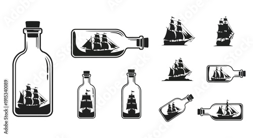 Nautical voyage contained within glass bottles vintage sailing ship illustrations isolated graphics