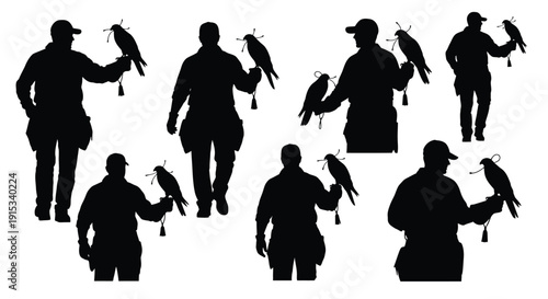 Silhouette collection of falconers with birds of prey in various poses and actions