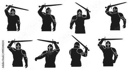 Silhouette Collection of Medieval Knights in Dynamic Combat Poses with Swords