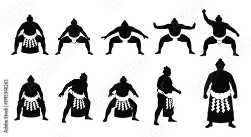 Silhouette collection of sumo wrestlers performing various stances and actions