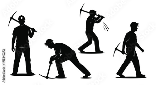 Silhouette depictions of miners engaged in various mining activities with pickaxes in hand