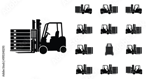 Silhouette icons showcasing forklifts engaged in cargo lifting operations and material handling
