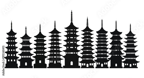 Silhouette skyline of traditional Japanese pagodas on a white background representing cultural
