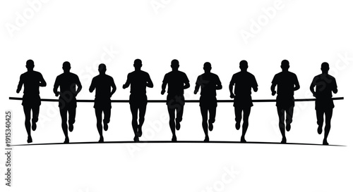 Silhouetted athletes racing across a finish line in a dynamic competition