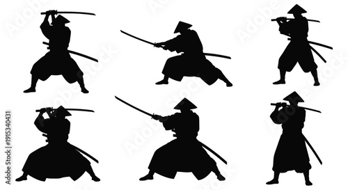 Silhouette representations of a samurai warrior in various combat stances with katana