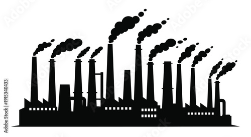 Silhouette of Industrial Factory with Smokestacks Emitting Pollution into the Atmosphere