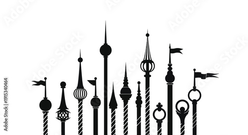 Silhouetted Collection of Architectural Finials and Ornate Tower Tops