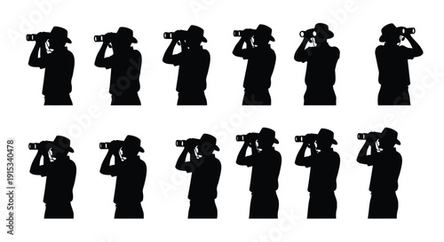 Silhouetted figures exploring the world through their binoculars captured in a repeating pattern